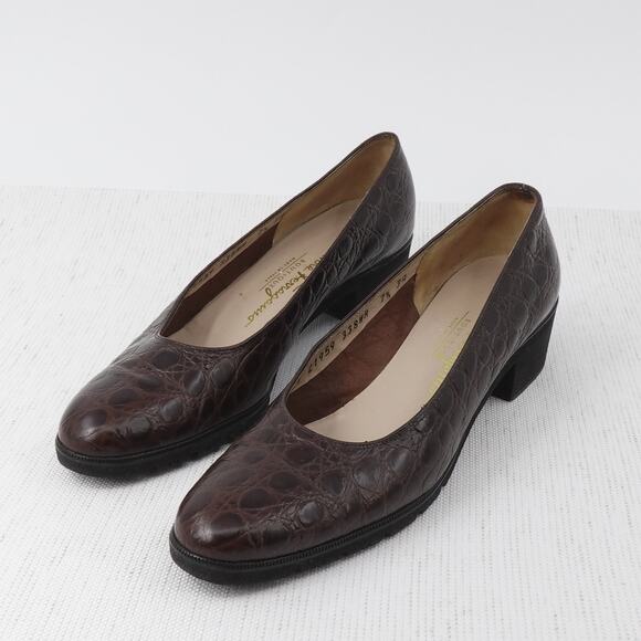 Salvatore Ferragamo Pumps 7.5 Low Heel Narrow Croc Embossed Work Comfort Shoes - Picture 6 of 16